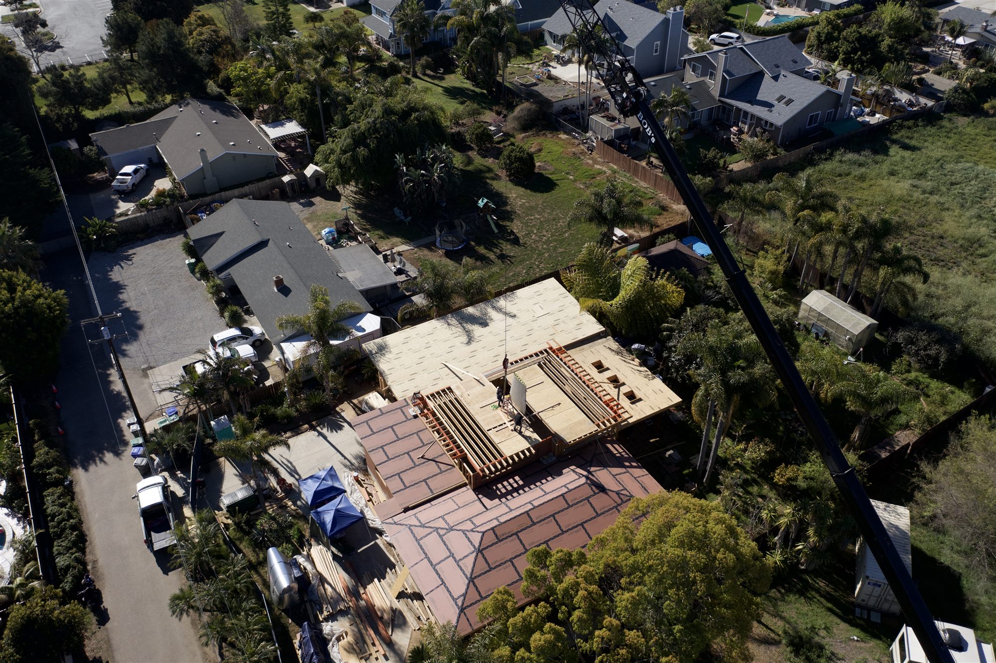 Aerial view of Grandview construction showing roof and site coordination