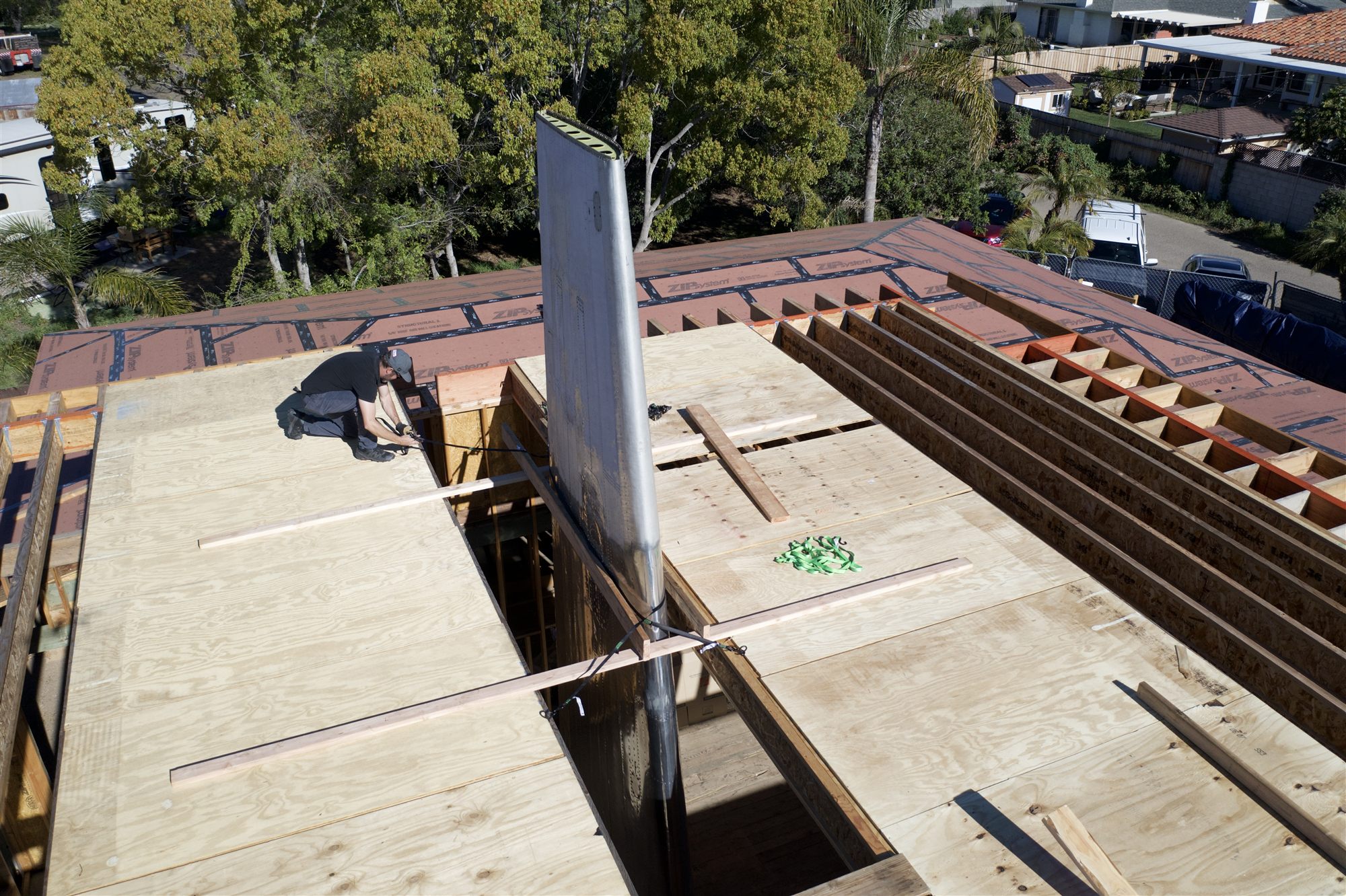 Grandview structural roof deck and framing work from above