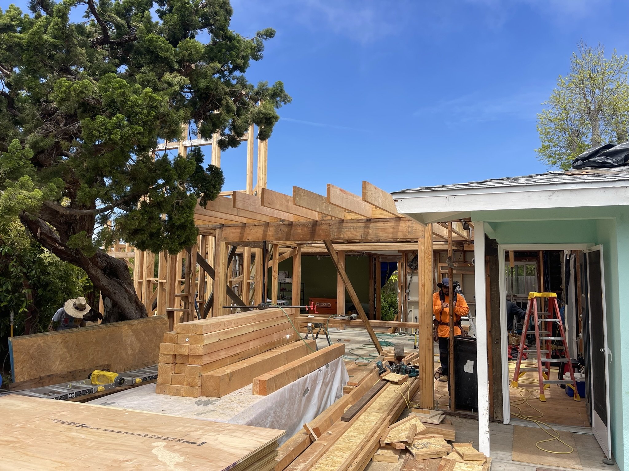 La Salina addition framing in South Oceanside with new beams, walls, and roof structure
