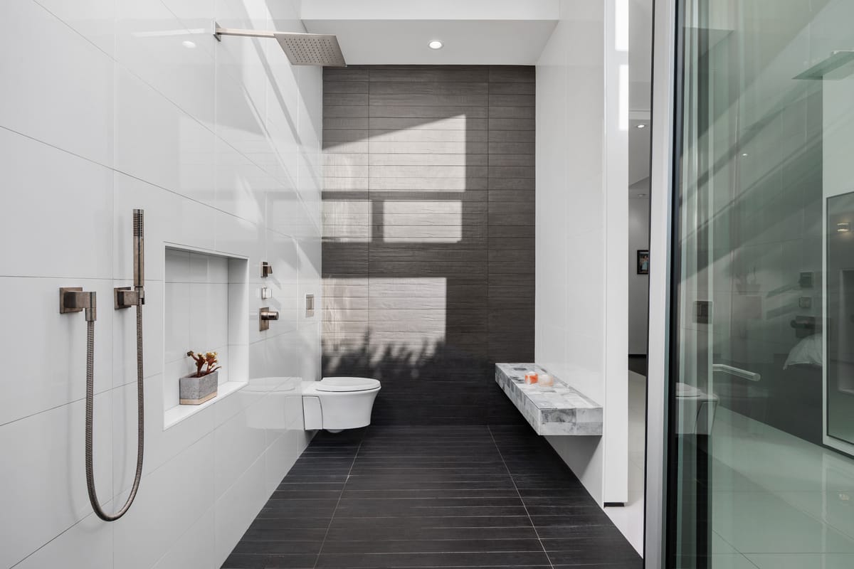 Modern primary bathroom wet room with skylight, wall-mounted toilet and custom shower niche