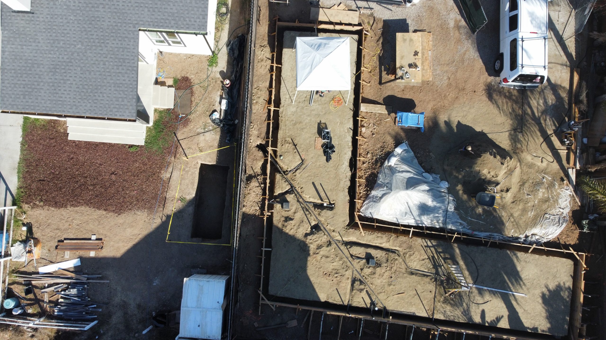 Aerial view of the foundation layout for the L-shaped ADU in Encinitas